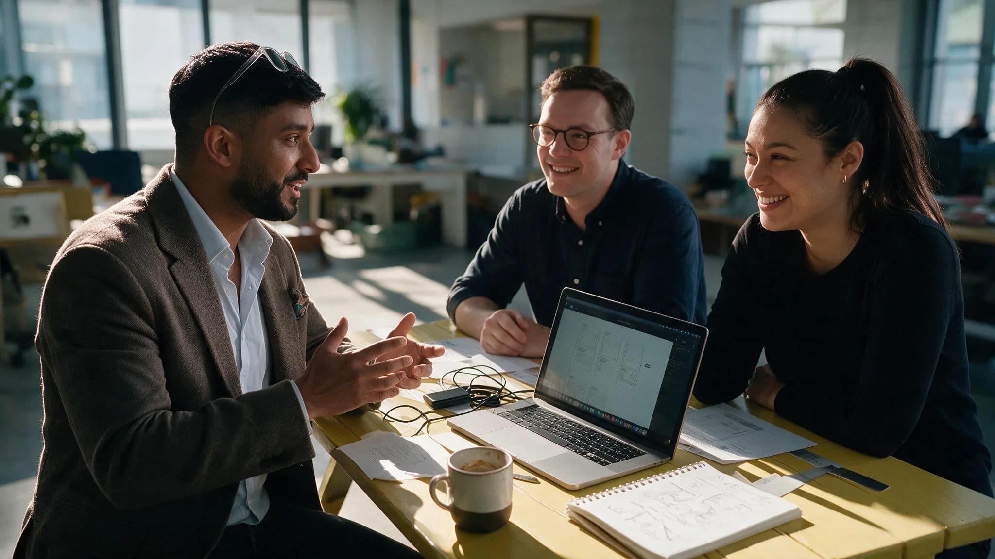 Three people around a table working through wireframes on a laptop