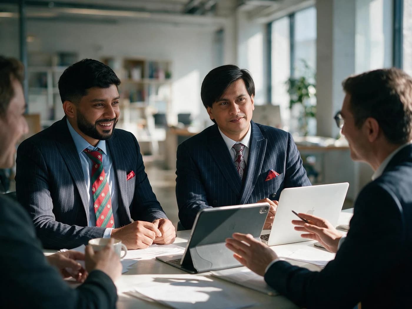 A meeting around a table, laptops open