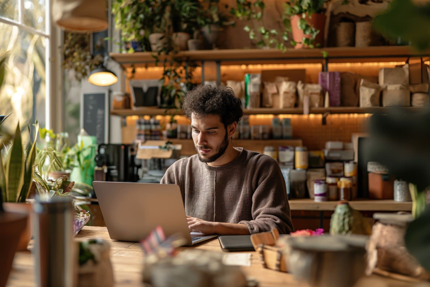 A shop owner working at a laptop on the counter of a small plant and produce shop.
