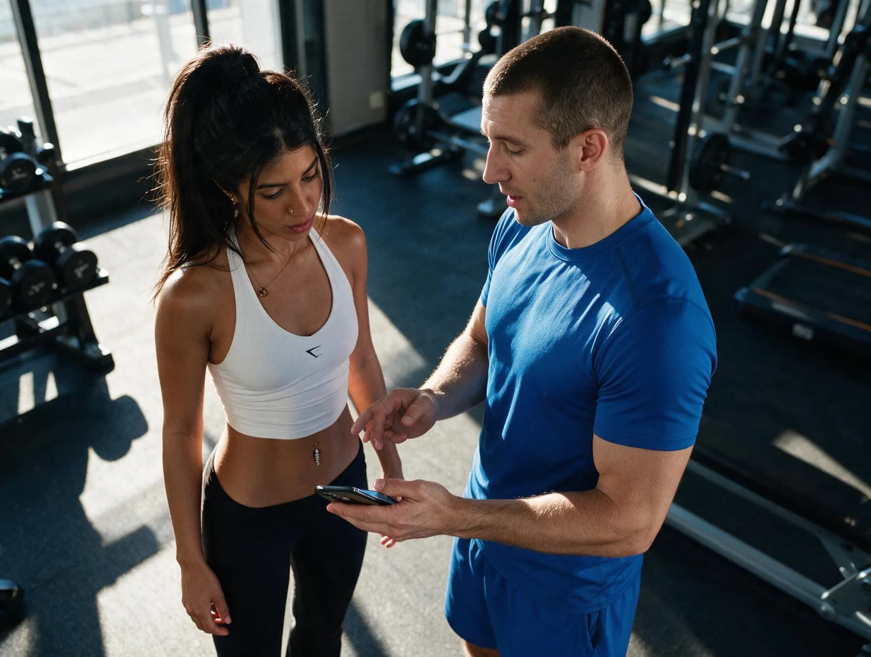 A trainer showing a client something on a phone in a gym