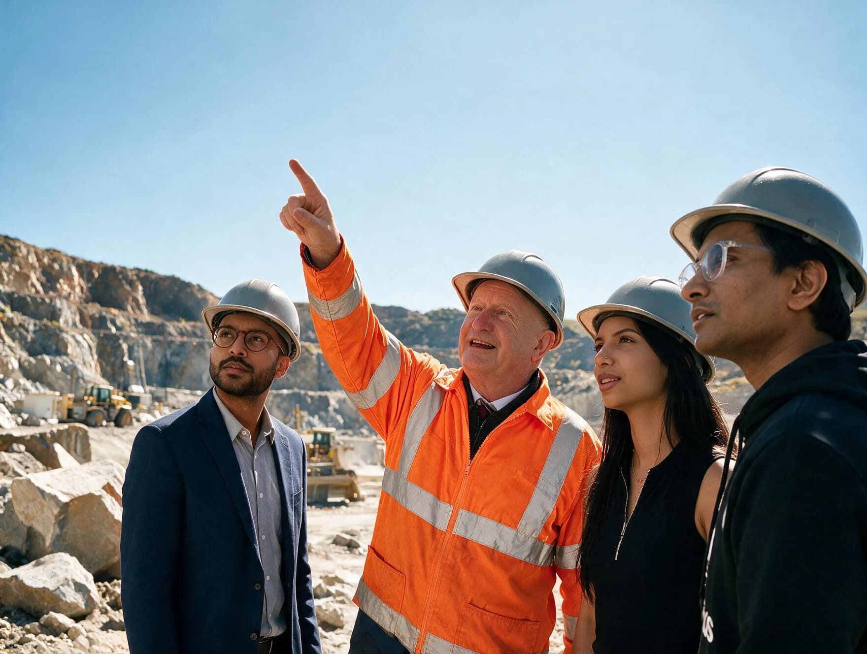 Unovo on site at a quarry with the operations manager, looking at the working face