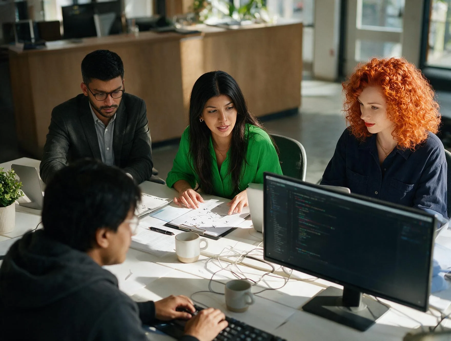 Unovo working through a client's documents and data at a desk