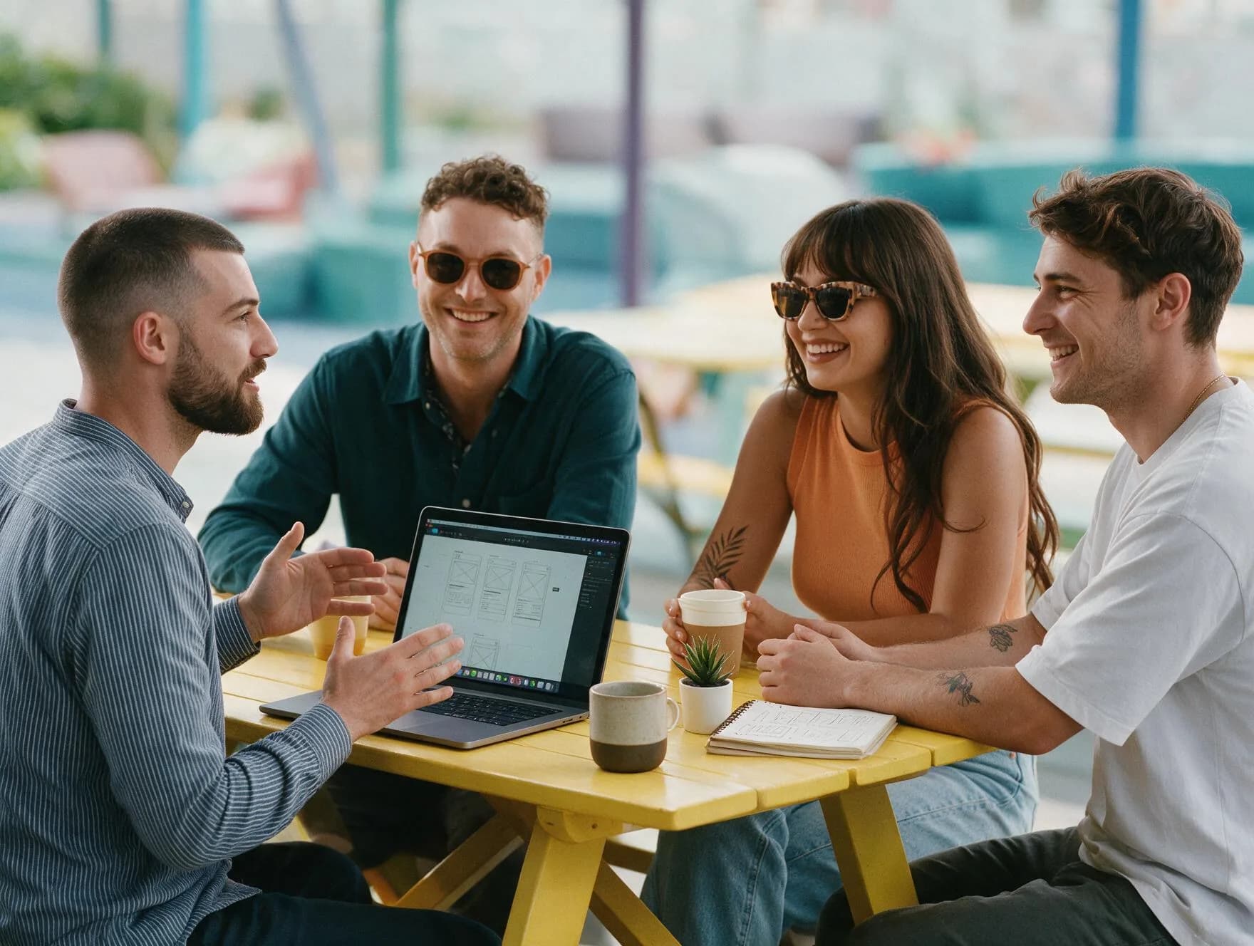 Unovo working through brand and interface designs with a client outdoors