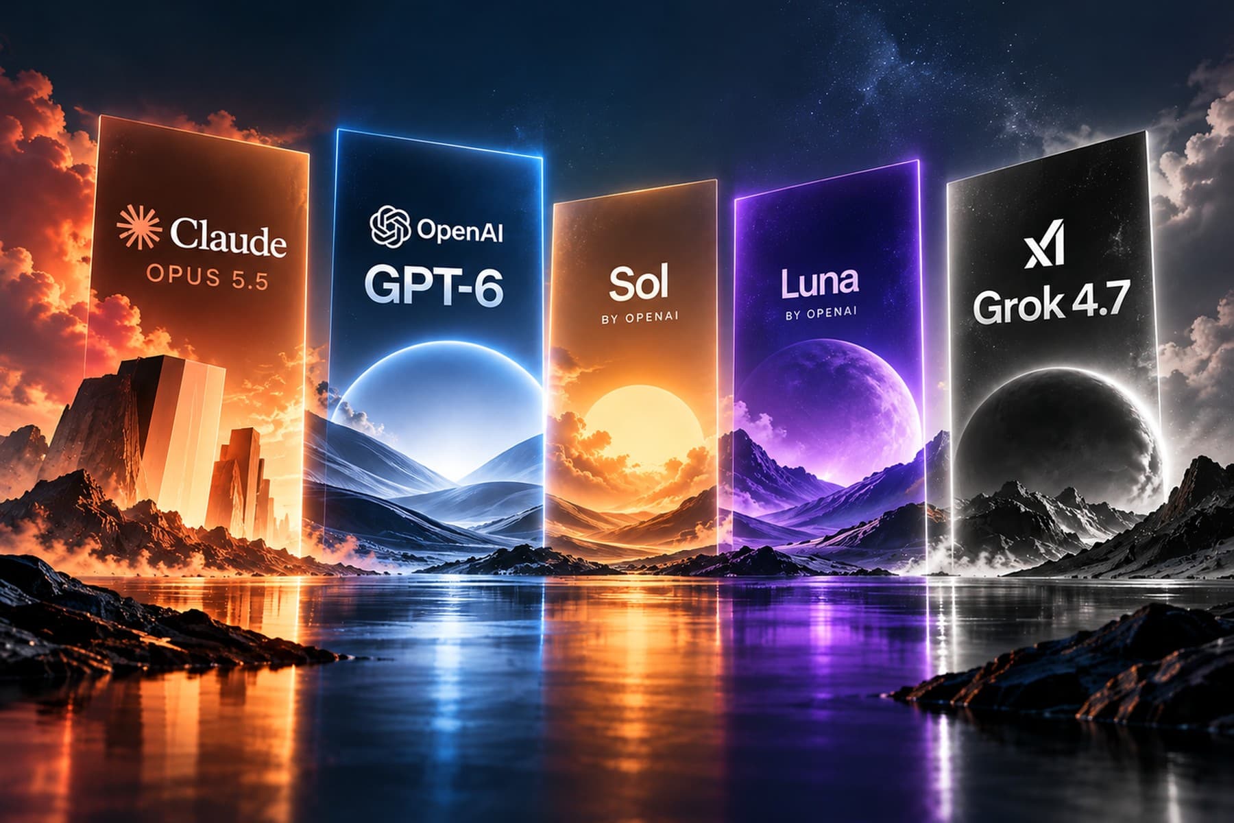 Five glowing panels standing in a lake at dusk, each carrying a model name: Claude Opus 5.5, OpenAI GPT-6, Sol, Luna and Grok 4.7.
