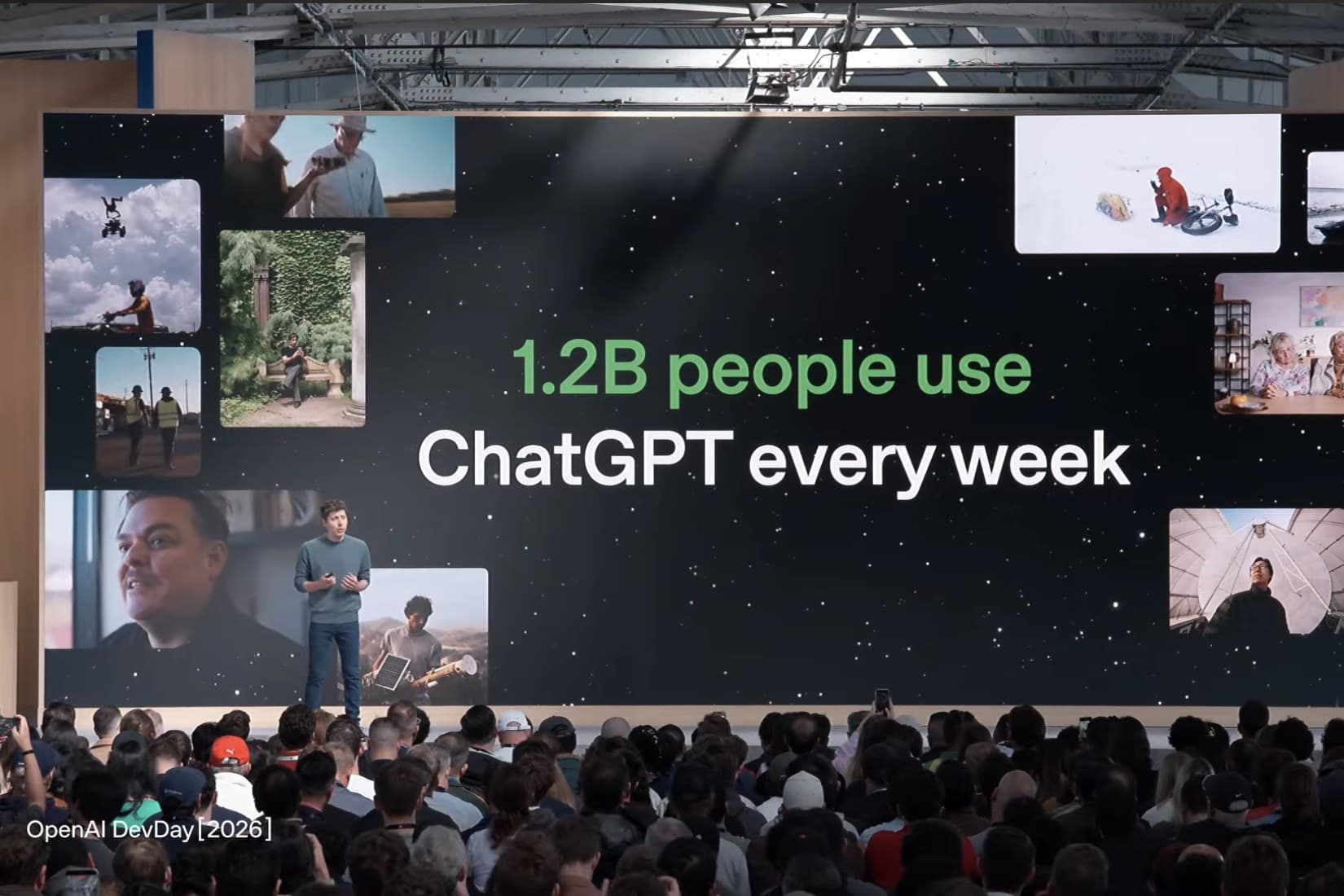A presenter on stage at OpenAI's DevDay in front of a large screen reading: 1.2B people use ChatGPT every week.