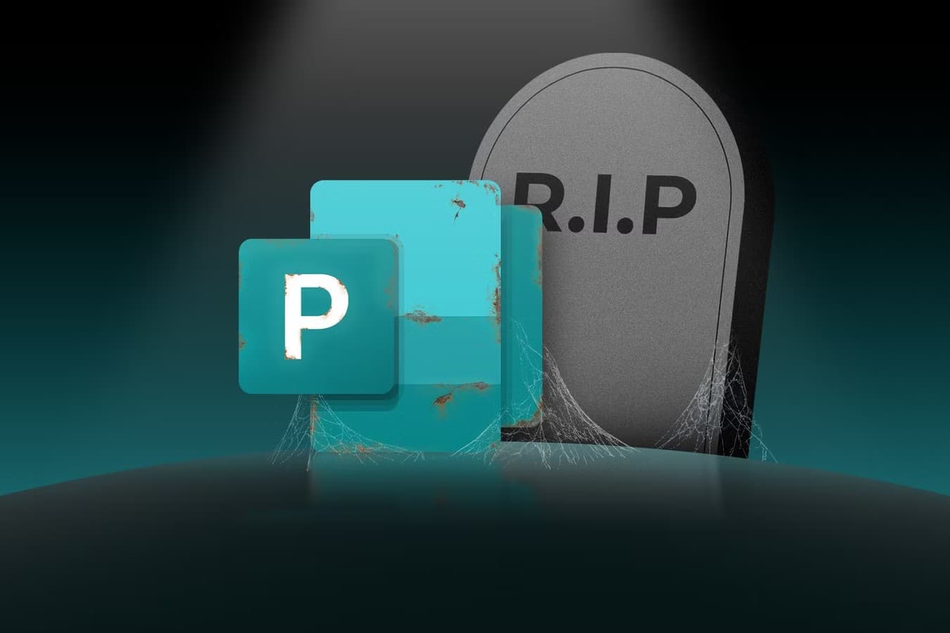 An illustration of a rusty, cobwebbed Microsoft Publisher icon standing beside a gravestone marked R.I.P.